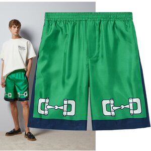 GUCCI SHORTS WIDE LEG HORSEBIT PRINTED GREEN SILK w LOGO sz 52 / XL